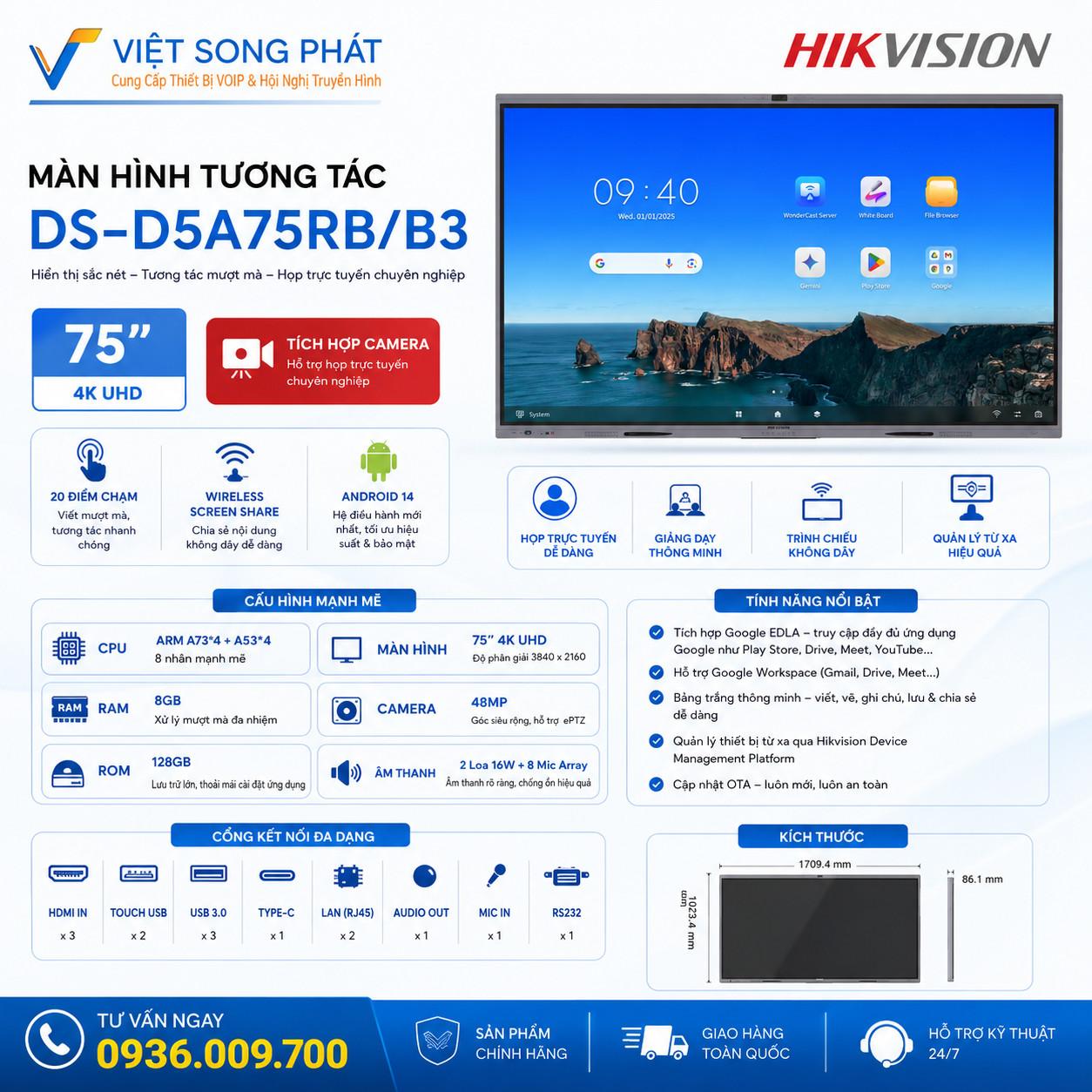 Màn Hình Tương Tác Hikvision DS-D5A75RB/B3 75 Inch 4K 19 Cấu hình Màn Hình Tương Tác Hikvision DS-D5A75RBB3 75 Inch 4K